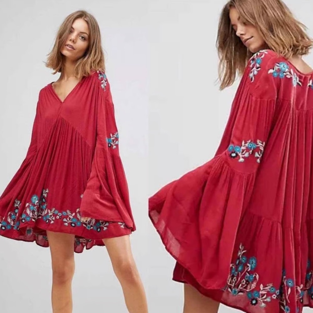 Free People Medium lined Te Amo embroidered flare sleeve mini dress